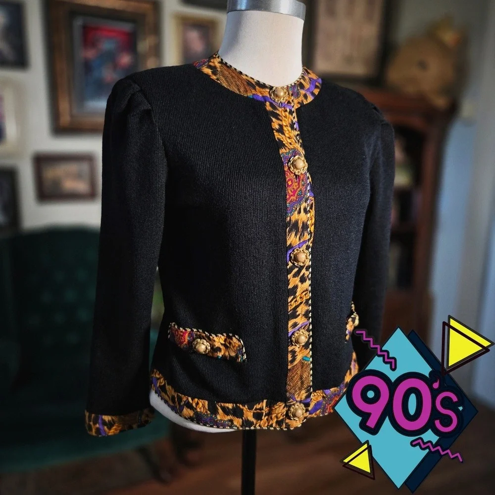 Vintage 90s R&K Originals‎ Black Knit Cardigan Leopard Baroque Gold Button